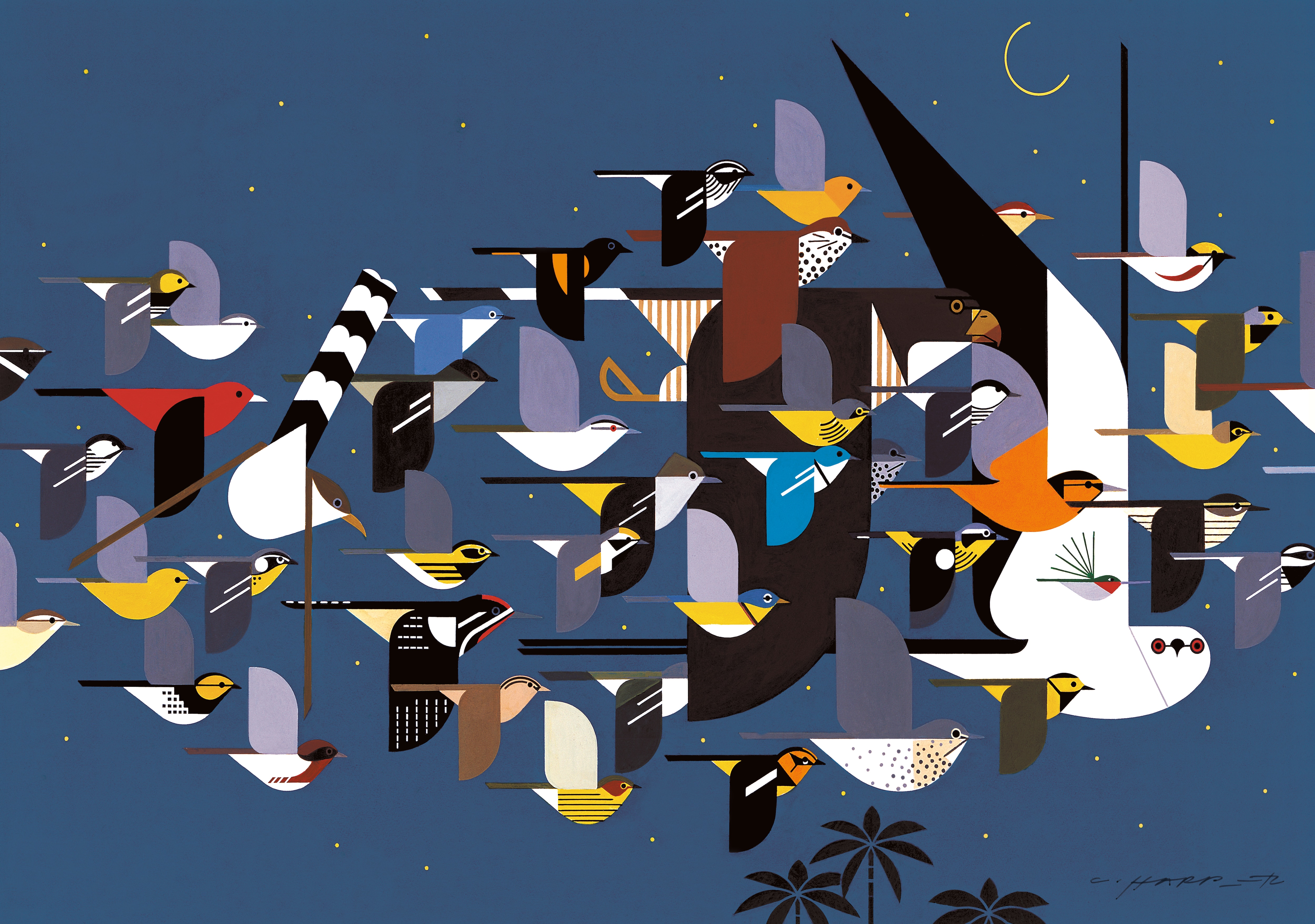 Painted in 1990, Harper’s “Mystery of the Missing Migrants” features 45 threatened neotropical bird species that shuttle between tropical and rain forests and North American woodlands.  Credit: Mass Audubon Collection; purchase 1992, © Charley Harper, all rights reserved